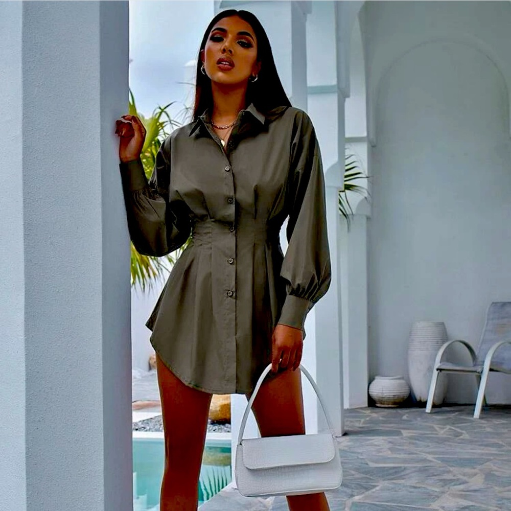 Long Sleeve Gathered Waistline Button Down Dress Top Blouse